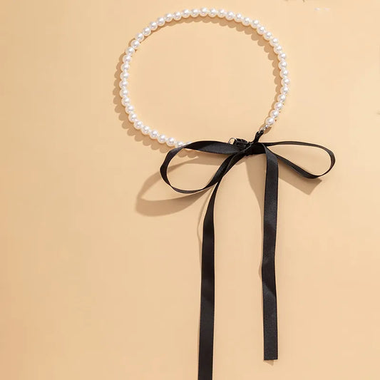 Zalien Choker Necklace Wedding Party Jewelry Long Black Ribbon Choker Necklace For Women Elegant White Imitation Pearl Beach Vacation Necklaces